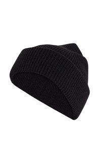 Black knit beanie with a ribbed texture and a folded cuff, featuring a tapered top silhouette. Soft and stretchy material.