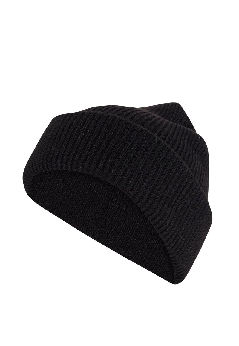 Black knit beanie with a ribbed texture and a folded cuff, featuring a tapered top silhouette. Soft and stretchy material.