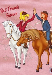 Due ragazze dei cartoni animati che cavalcano un cavallo bianco e un pony marrone su uno sfondo rosa, con il testo "Amiche per sempre" e brillanti accenti a forma di stella.