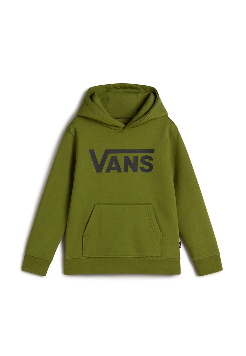 Sudadera verde hecha de una tela suave con un gran logo negro de "VANS" en el frontal, un bolsillo tipo canguro y una capucha forrada.