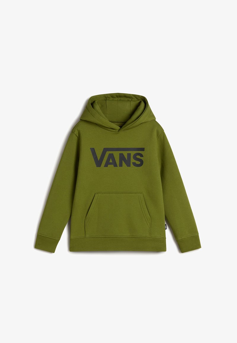 Sudadera verde hecha de una tela suave con un gran logo negro de "VANS" en el frontal, un bolsillo tipo canguro y una capucha forrada.