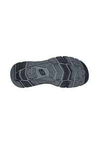Suela de zapato Skechers con un diseño de goma negra gruesa y texturizada, que presenta un patrón de banda de rodadura en zigzag para mayor agarre y estabilidad.