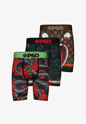 Three pairs of men’s boxer briefs featuring varied designs: black roses and snakes on one, dollar bills on another, and a bold graphic on the last.