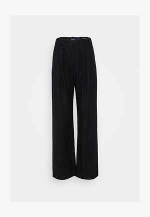 Mustad laiad püksid, mis on valmistatud kergest materjalist, pleeritud ees, kõrge vöökoht ja lahti lõige mugavuse tagamiseks.