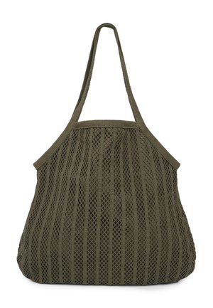 Borsa a rete verde oliva con ampie bretelle e design aperto e arioso. La borsa presenta una trama testurizzata e decorativa per garantire resistenza.