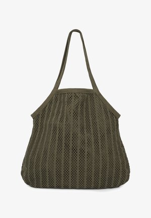 Borsa a rete verde oliva con ampie bretelle e design aperto e arioso. La borsa presenta una trama testurizzata e decorativa per garantire resistenza.