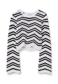 Maglione cropped in bianco e nero con un motivo a zigzag, realizzato in materiale lavorato a maglia, con maniche lunghe e scollatura rotonda.