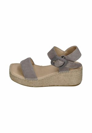 Gray suede wedge sandal with wide ankle strap and buckle, jute-wrapped platform sole, and open toe design.