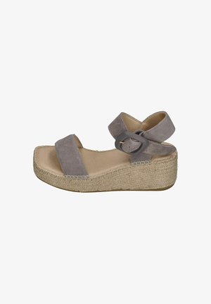Gray suede wedge sandal with wide ankle strap and buckle, jute-wrapped platform sole, and open toe design.
