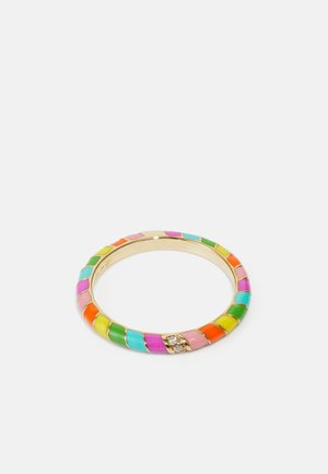 Colorful enamel ring featuring alternating segments in pink, orange, yellow, green, and blue, with a small diamond accent. Gold-tone metal.