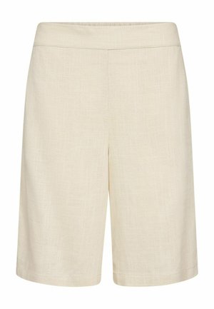 Shorts beige mi-cuisse à coupe ajustée avec une ceinture lisse et un motif de tissu texturé subtil, présentés sur un fond blanc uni.