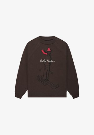 Hnědý pletený svetr s grafikou lyžaře v růžové a černé barvě a nápisem "Cabin Couture". Žebrovaný výstřih a manžety, volný střih.