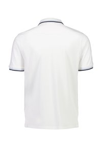 Weißes Polohemd mit kurzen Ärmeln, ausgestattet mit einem kontrastierenden Kragen und Bündchen in navy und weiß gestreift. Glattes Material mit klassischer Passform.