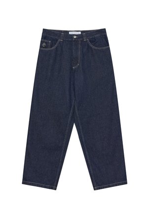 Ciemnoniebieskie spodnie dżinsowe o luźnym kroju, z zapięciem na guziki z przodu, pięcioma kieszeniami i kontrastującym żółtym przeszyciem.