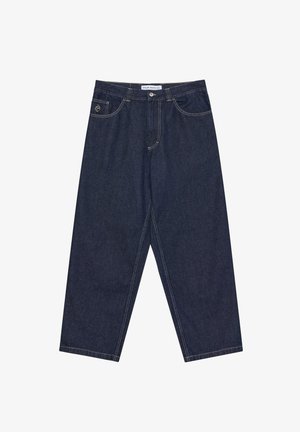 Ciemnoniebieskie spodnie dżinsowe o luźnym kroju, z zapięciem na guziki z przodu, pięcioma kieszeniami i kontrastującym żółtym przeszyciem.