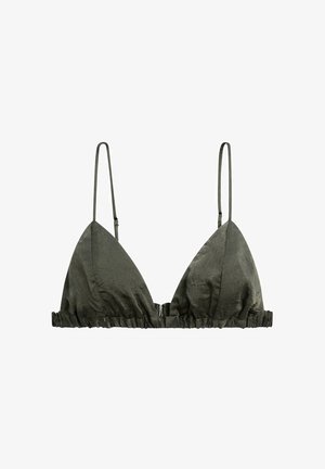 Olive green triangular bra made of a smooth material, featuring a ruffled bottom hem and thin adjustable straps.