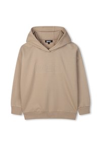 Haut à capuche beige en tissu doux, arborant un logo DKNY en relief sur le devant, une capuche avec cordon de serrage, et des poignets et un ourlet côtelés.