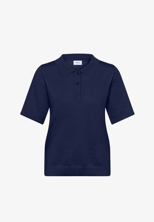 Tengerészkék rövid ujjú galléros póló texturált anyagból, háromgombos sliccel és lapos gallérral. Egyszerű kialakítás kötött szegéllyel.