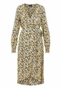 Sukienka wrap z kwiatowym wzorem, zawierającym żółte i białe kwiaty na ciemnym tle. Długie rękawy oraz wiązany detal w talii.