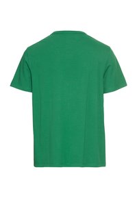 Grøn kortærmet t-shirt lavet af bomuld, med en klassisk rund halsudskæring og en glat tekstur. Ingen mønstre eller dekorationer synlige.