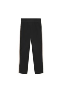 Schwarze Sporthose mit geradem Schnitt, versehen mit kontrastierenden vertikalen Streifen in Beige auf beiden Seiten und einem elastischen Bund.