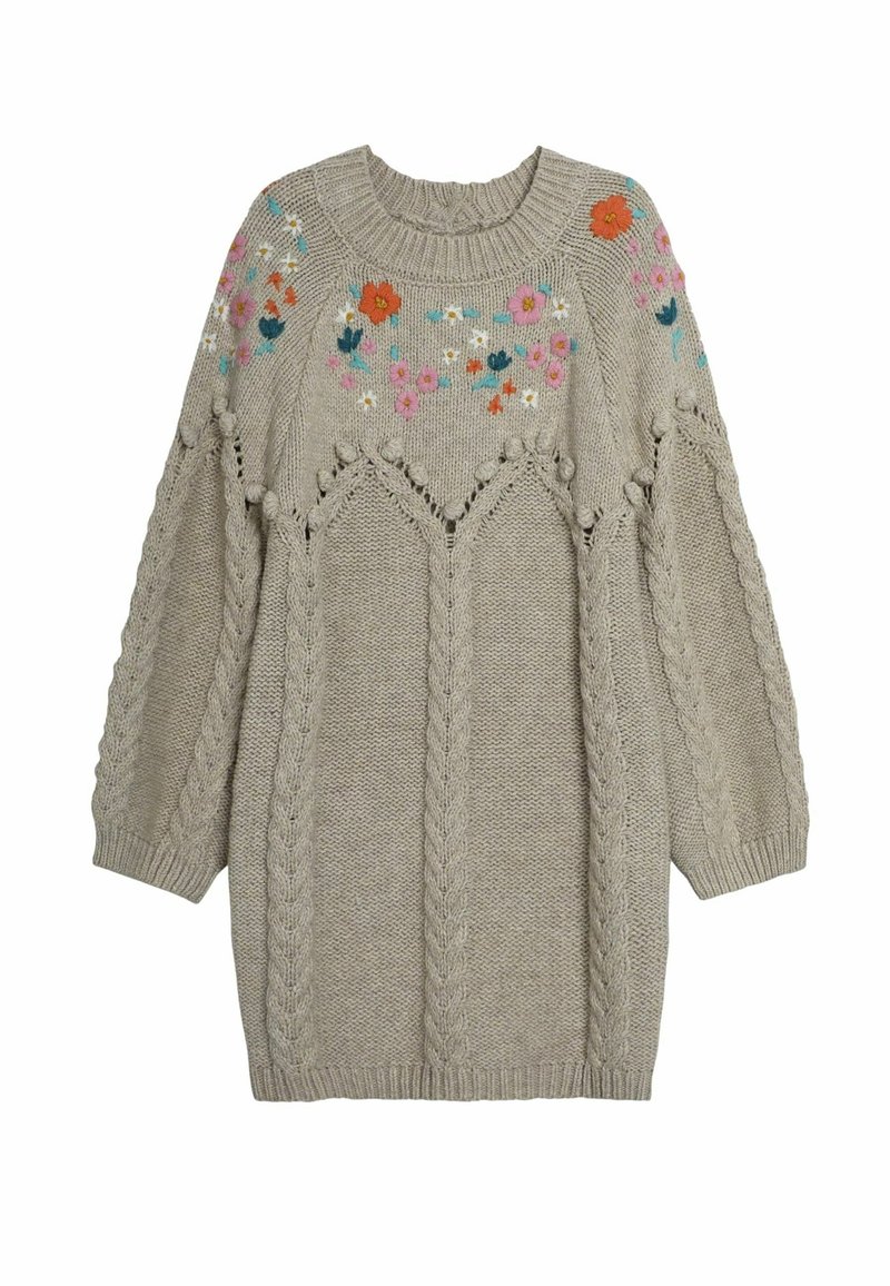 Gebreide beige jurk met bloemembroidery in roze, oranje en blauw. Kenmerkt zich door een kabelbrei ontwerp en ronde halslijn. Lange mouwen.