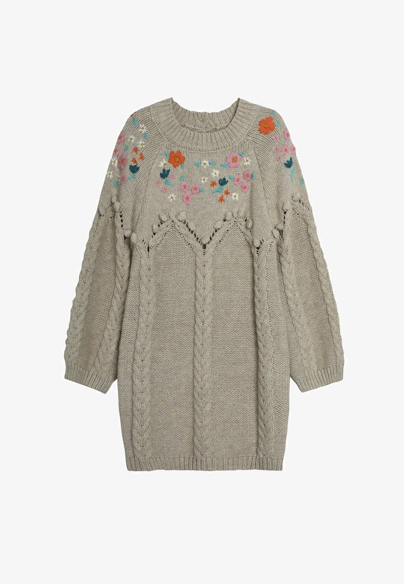 Abito maglione beige lavorato a maglia con ricami floreali in rosa, arancione e blu. Presenta un design a treccia e un collo rotondo. Maniche lunghe.