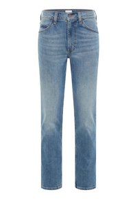 Rakbeniga blå denimjeans med framknäppning och dragkedja, fram- och bakfickor samt urblekta detaljer.