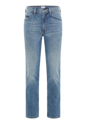 Jeans in denim blu a gamba dritta con chiusura frontale a bottone e zip, tasche anteriori e posteriori e dettagli sbiaditi.
