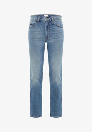 Rechtovere blauwe spijkerbroek met sluiting met een knop en rits aan de voorkant, voor- en achterzakken en vervaagde details.