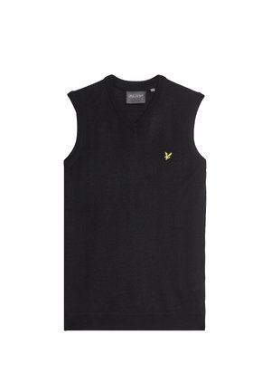 Schwarzer ärmelloser V-Ausschnitt-Pullover aus weichem Stoff mit einem kleinen gelben Adler-Logo auf der linken Brust. Klassische Passform, keine zusätzlichen Verzierungen.