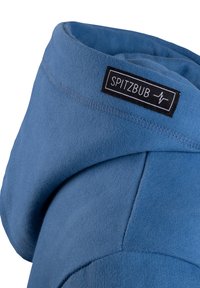 Blue hoodie with a soft texture, featuring a distinctive hood and black label reading "SPITZBUB" near the neckline. Structured design.