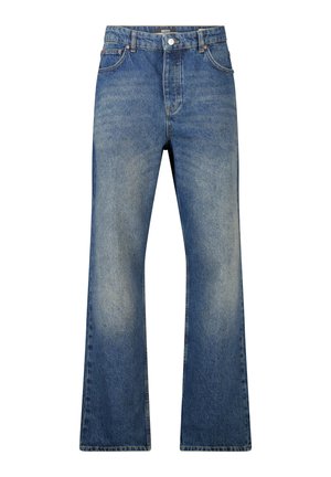 Blue denim jeans with a slight faded wash, five-pocket design, button and zipper closure, straight wide-leg cut.