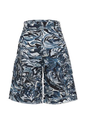 Pantaloncini cargo mimetici astratti in blu, nero e grigio con tasche laterali e passanti per cintura.