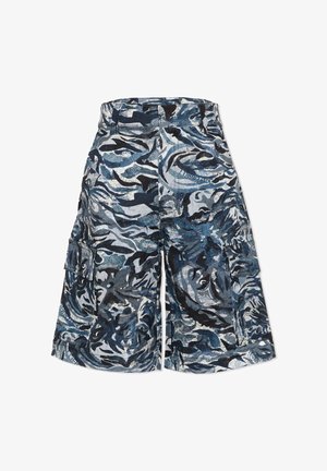 Blauwe, zwarte en grijze abstracte camouflage cargoshorts met zijzakken en riemlussen.