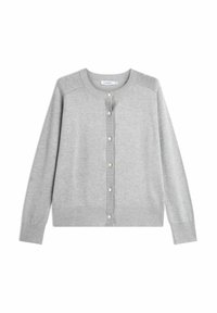 Cardigan gris en tissu doux, présentant un col rond, une fermeture à boutons avec de petits boutons contrastants, ainsi que des poignets et un ourlet côtelés.