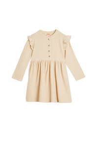 Beżowa sukienka z prążkowanego materiału, z długimi rękawami, okr�ągłym dekoltem, akcentami w postaci falbanek i guzikami na przodzie, z marszczonym dołem.