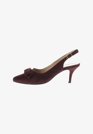 Burgundy suede slingback shoe with a pointed toe and a decorative bow at the front. Features a slim heel and a gold-tone buckle.
