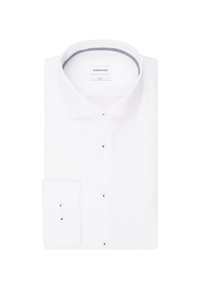 Camicia bianca con colletto classico, chiusura anteriore a bottoni e polsini singoli. Presenta una fodera interna del colletto a motivo e dettagli con bottoni argentati.