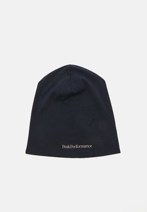 Marineblå hue lavet af blødt stof, med en logo-embroidery på forsiden. Enkel, snævrende design med en glat tekstur.
