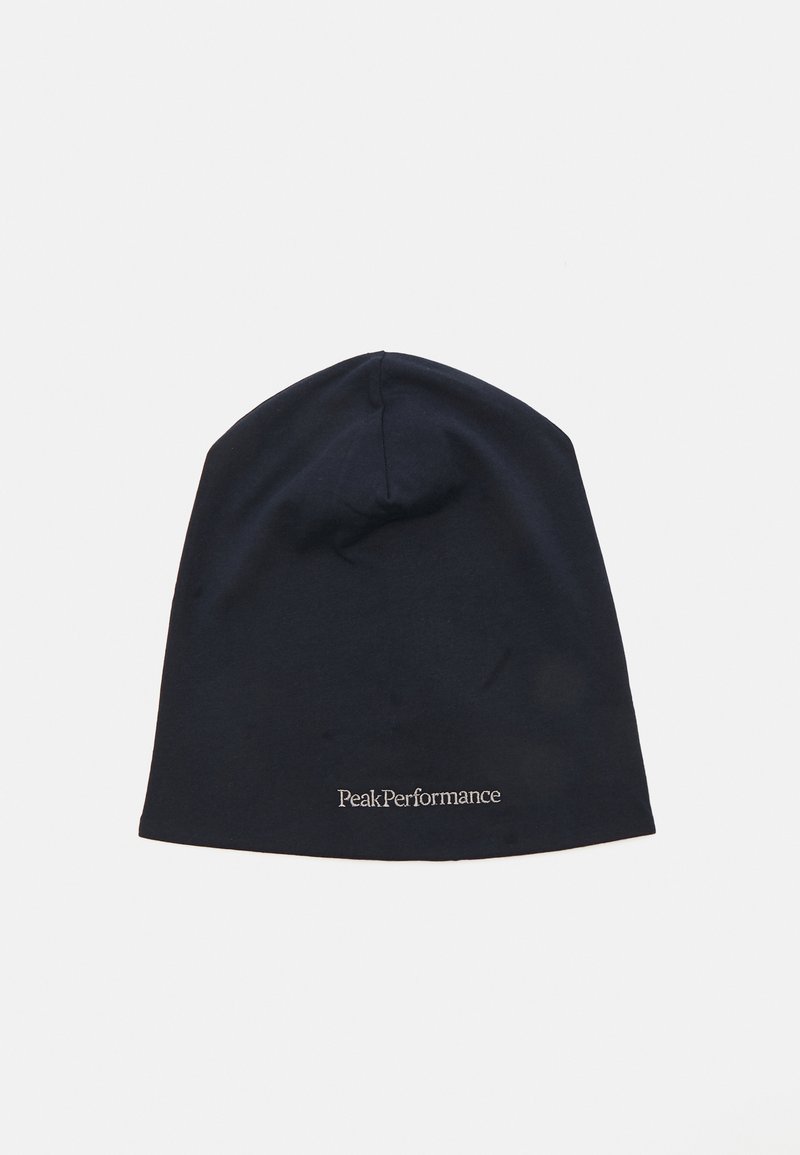Navy beanie hat made of soft fabric, featuring a logo embroidery at the front. Simple, tapered design with a smooth texture.