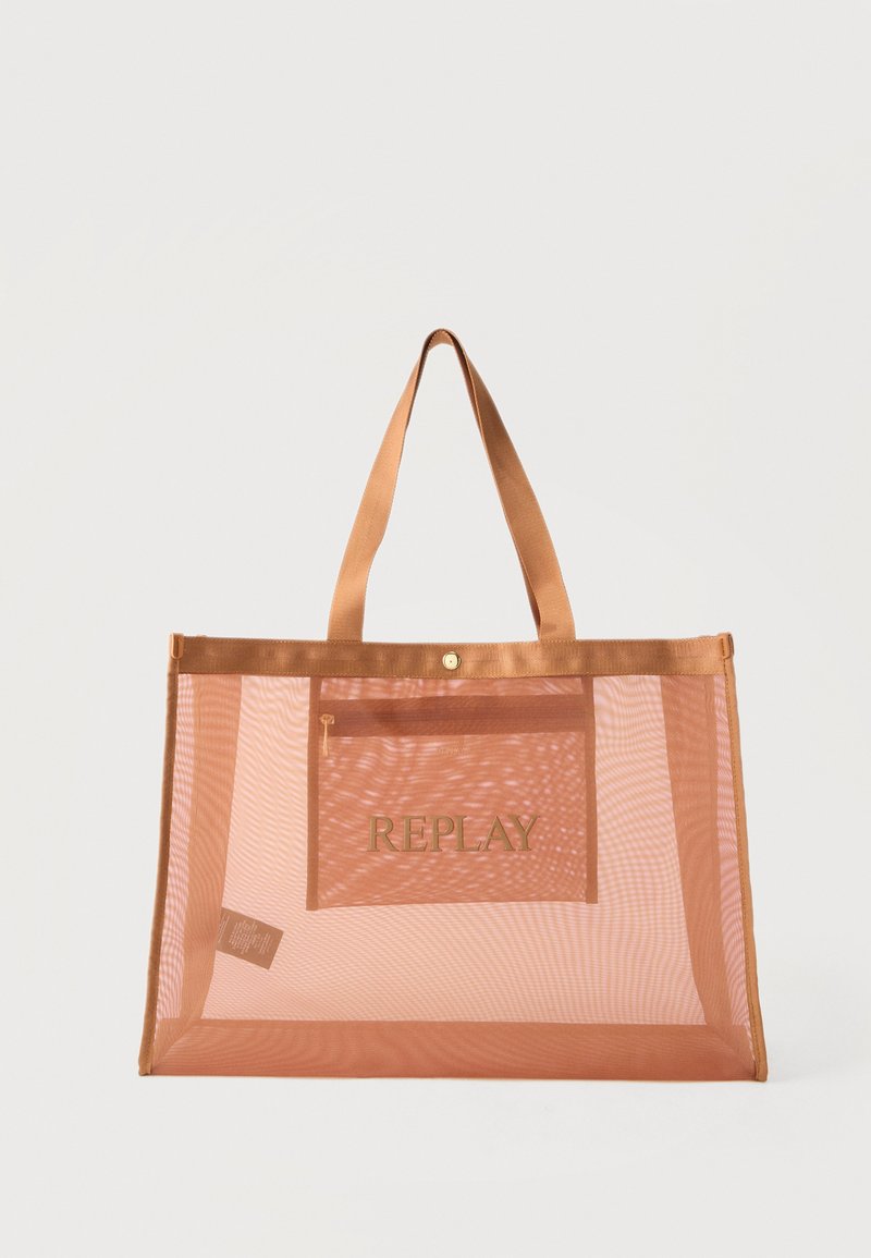 Μεγάλη ορθογώνια ημιδιαφανής καφέ τσάντα πλέγματος με δύο λαβές και φερμουάρ σε μπροστινή τσέπη με την ετικέτα "REPLAY".