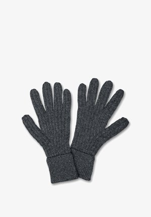 Gants en tricot gris avec texture côtelée et poignets ajustés. Chaque gant possède cinq doigts et une finition lisse et douce pour la chaleur.