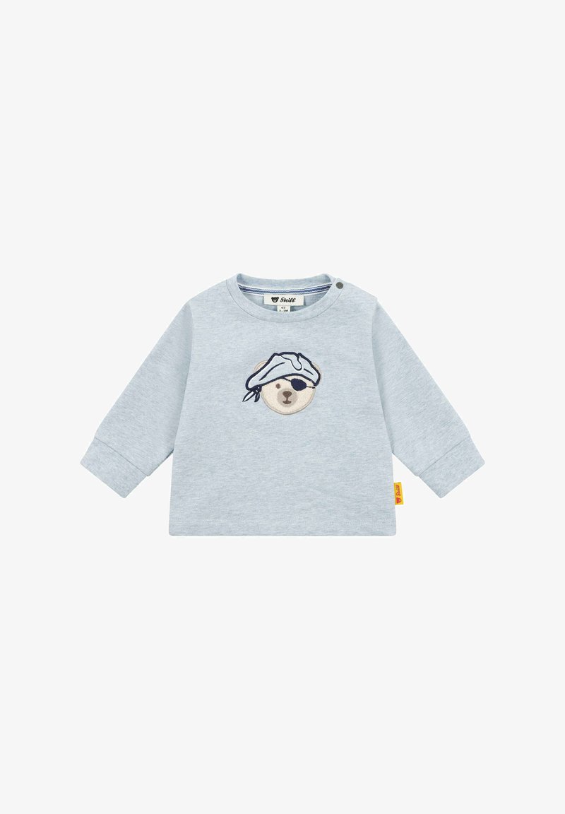 Chemise à manches longues gris clair avec un motif brodé d'un visage d'ours portant un chapeau de pirate et un cache-œil. Fermeture à pression à l'épaule. Tissu doux.