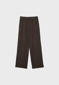 Temno rjave široke hlače z elastičnim pasom, položene ravno na svetlo sivi podlagi.