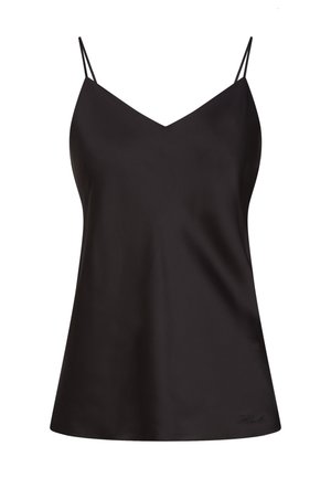 Camisole en satin noir avec décolleté en V, fines bretelles réglables et coupe ample. Présente une texture lisse et un logo discret au niveau de l'ourlet.