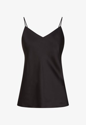 Juodas satino kamzolas su V formos iškirpte, plonomis reguliuojamomis petnešomis ir laisvu siluetu. Pasižymi lygiu paviršiumi ir subtiliu prekės ženklu apatinėje dalyje.