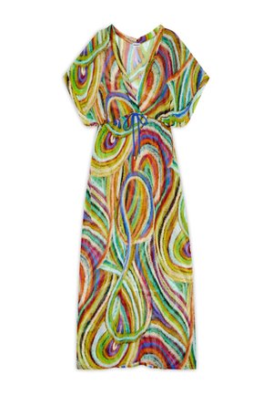 Šarena haljina s uvijenim uzorcima u crvenoj, zelenoj, plavoj i žutoj boji. Ima V-izrez i vezan struk. Lagan materijal.
