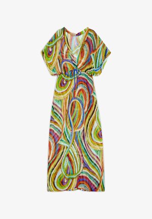 Farverig omslagskjorte med virvlende mønstre i rød, grøn, blå og gul. Har en V-hals og en bundet talje. Letvægtsstof.