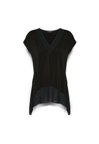 Blusa nera con maniche corte e scollatura a V. Presenta un orlo blu scuro a contrasto e un tessuto leggero e fluido.